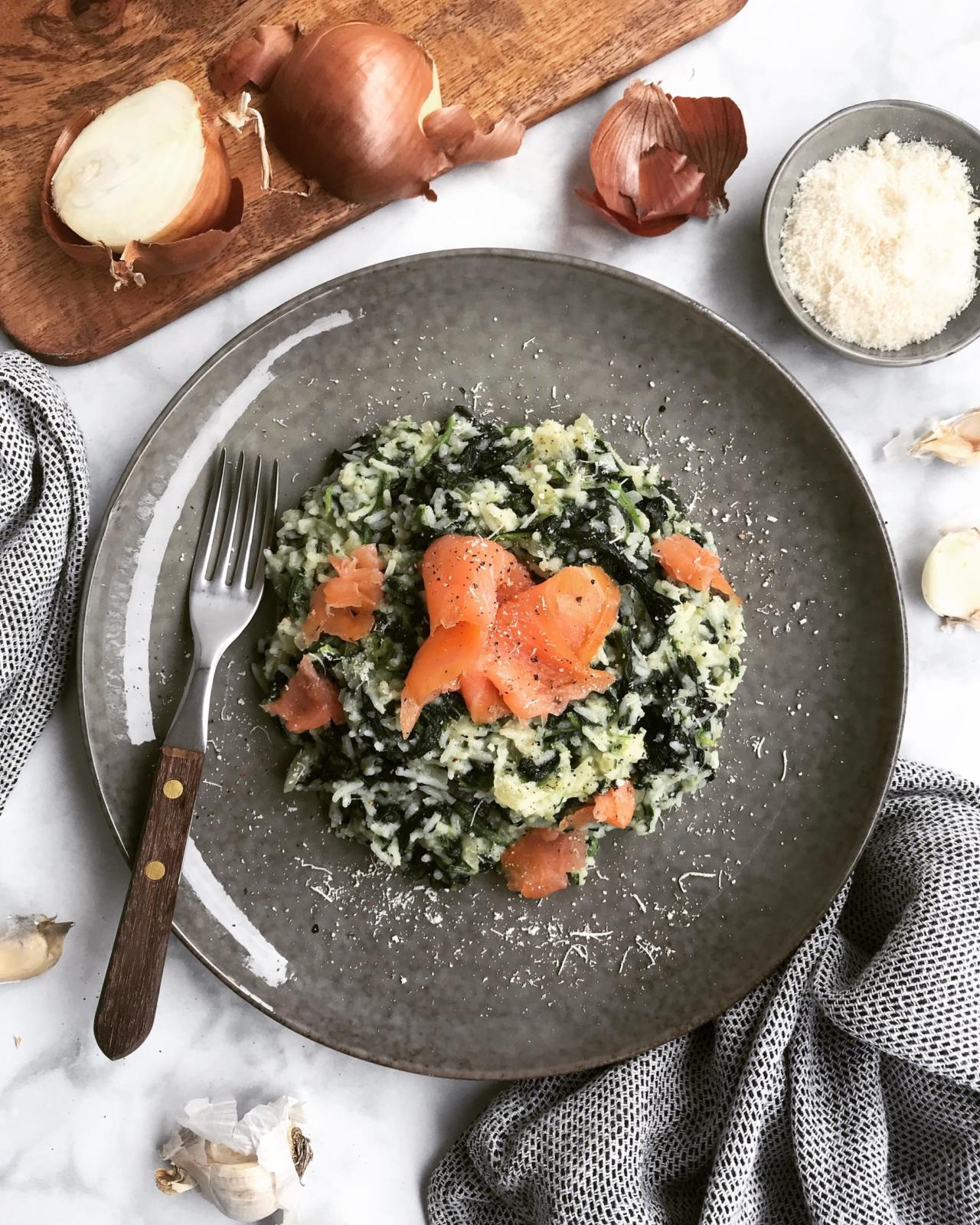Spinat Risotto mit Räucherlachs