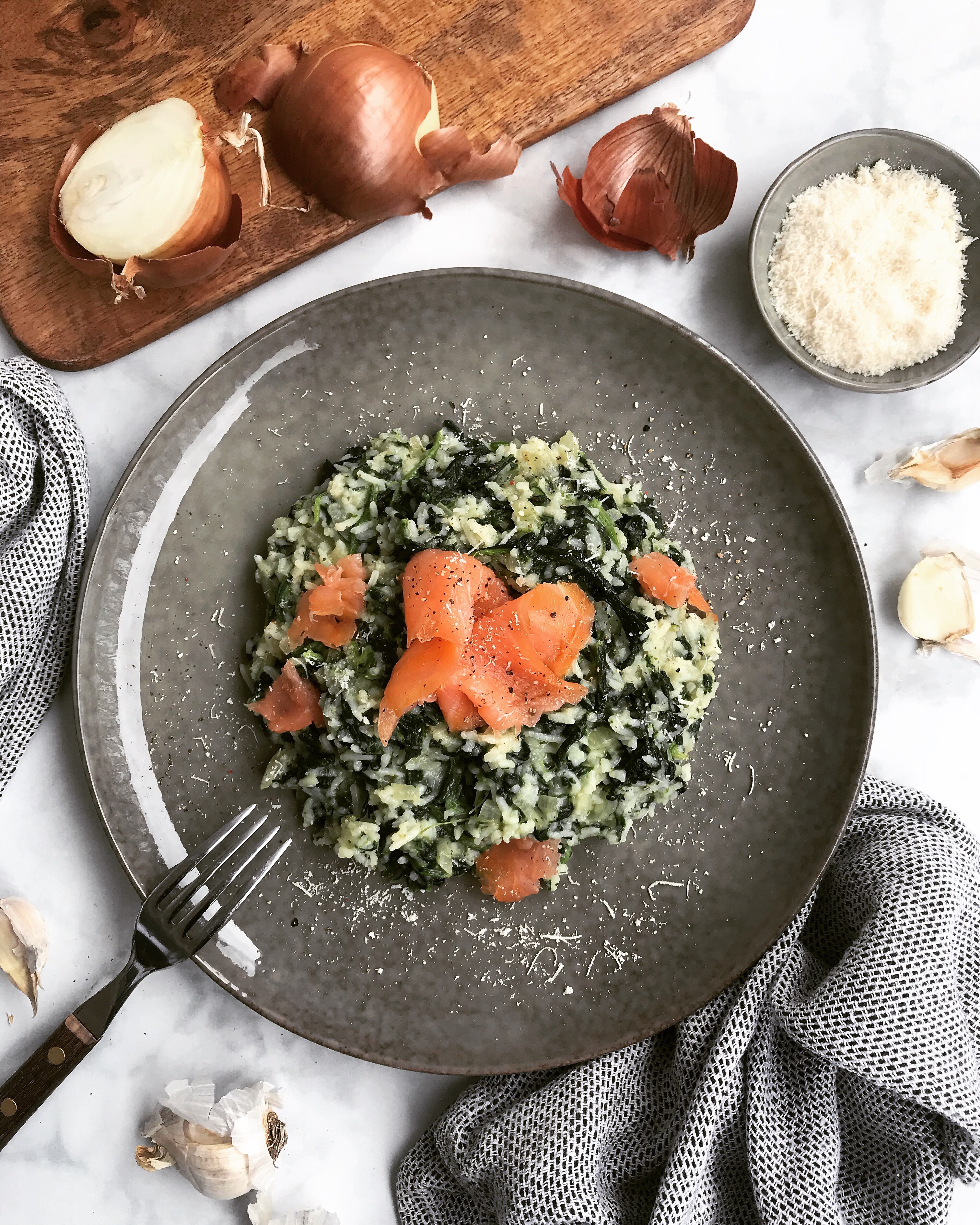 Spinat Risotto mit Räucherlachs