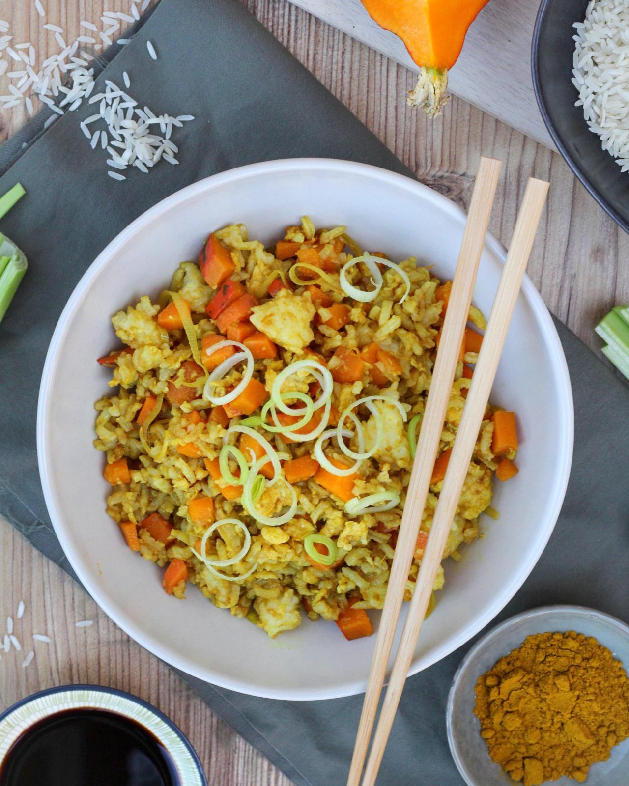 Gebratener Kürbis Reis mit Curry