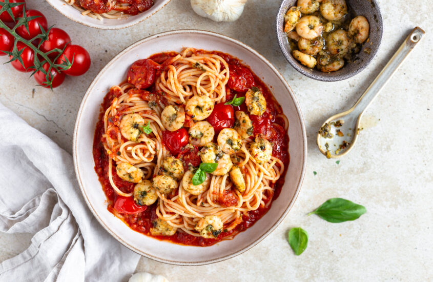 Spaghetti Pomodoro mit Garnelen